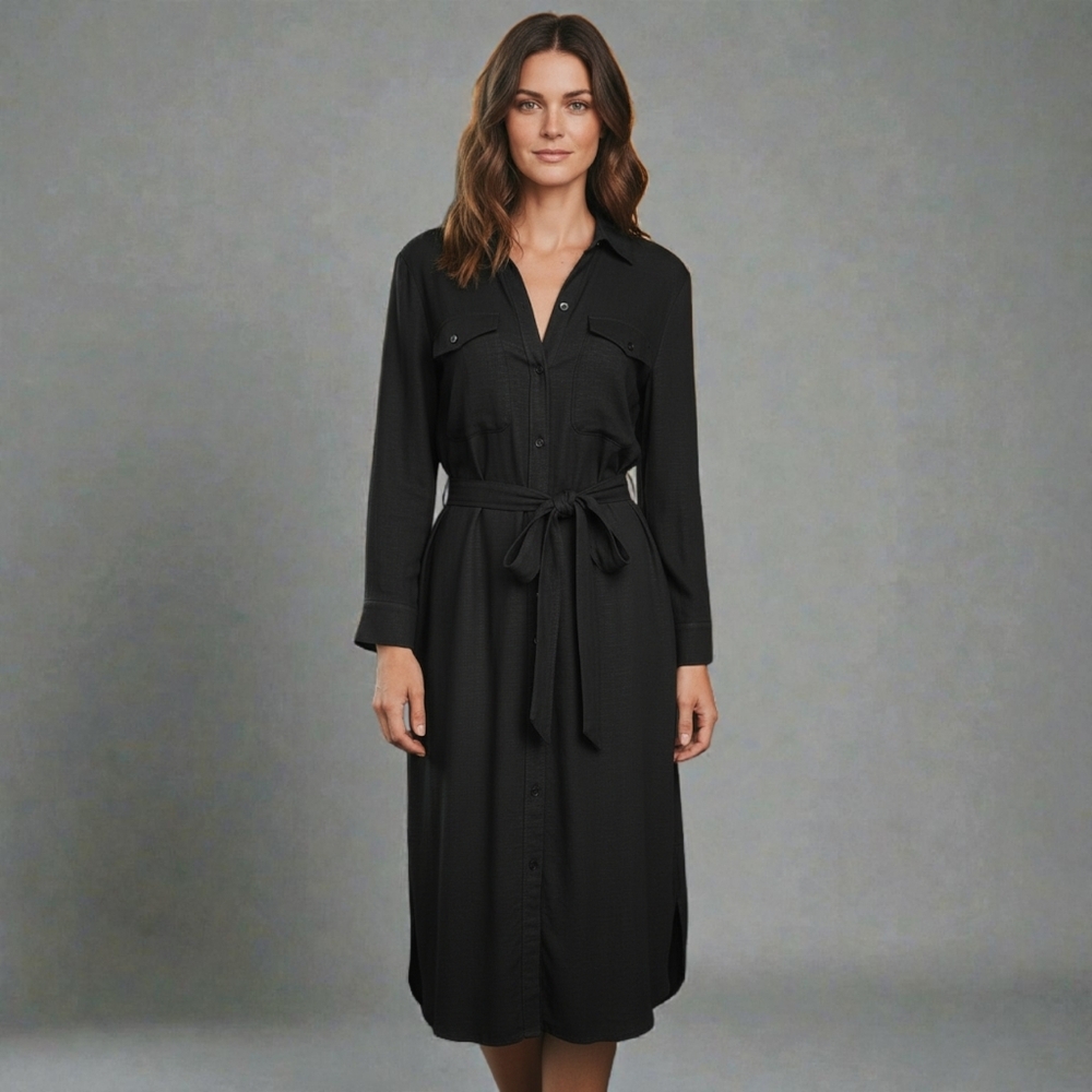 Majestic Filatures Paris Stretch Linen Shirt Dress Size (2) Small Black NEW
